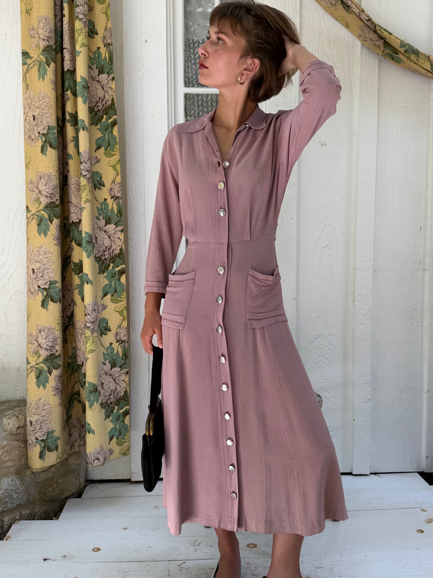 1930s Rose Crepe Button Front Day Dress