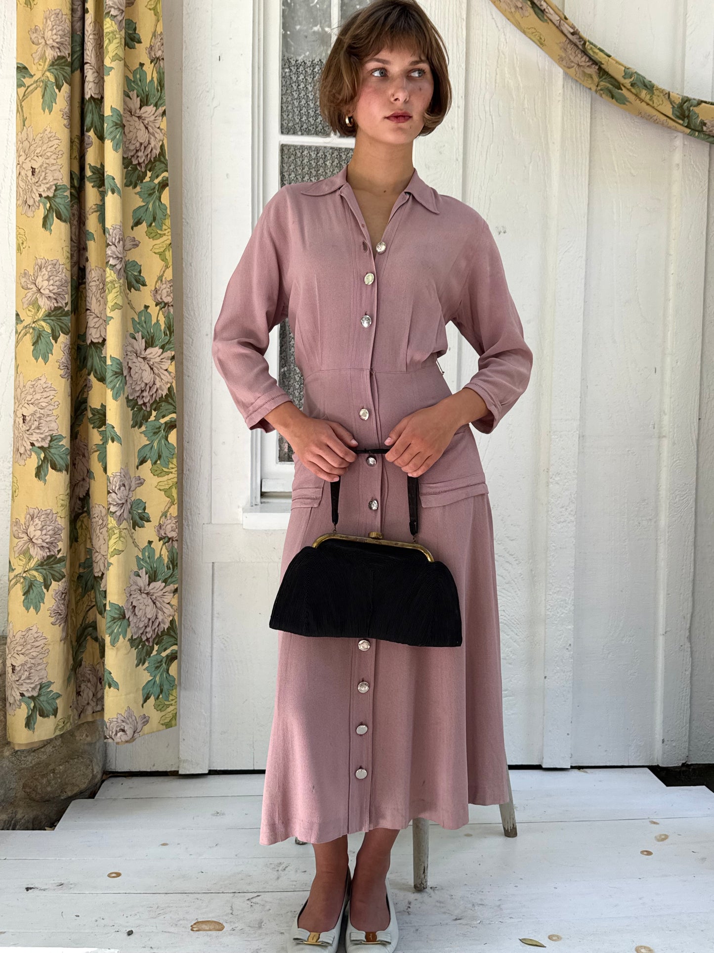 1930s Rose Crepe Button Front Day Dress