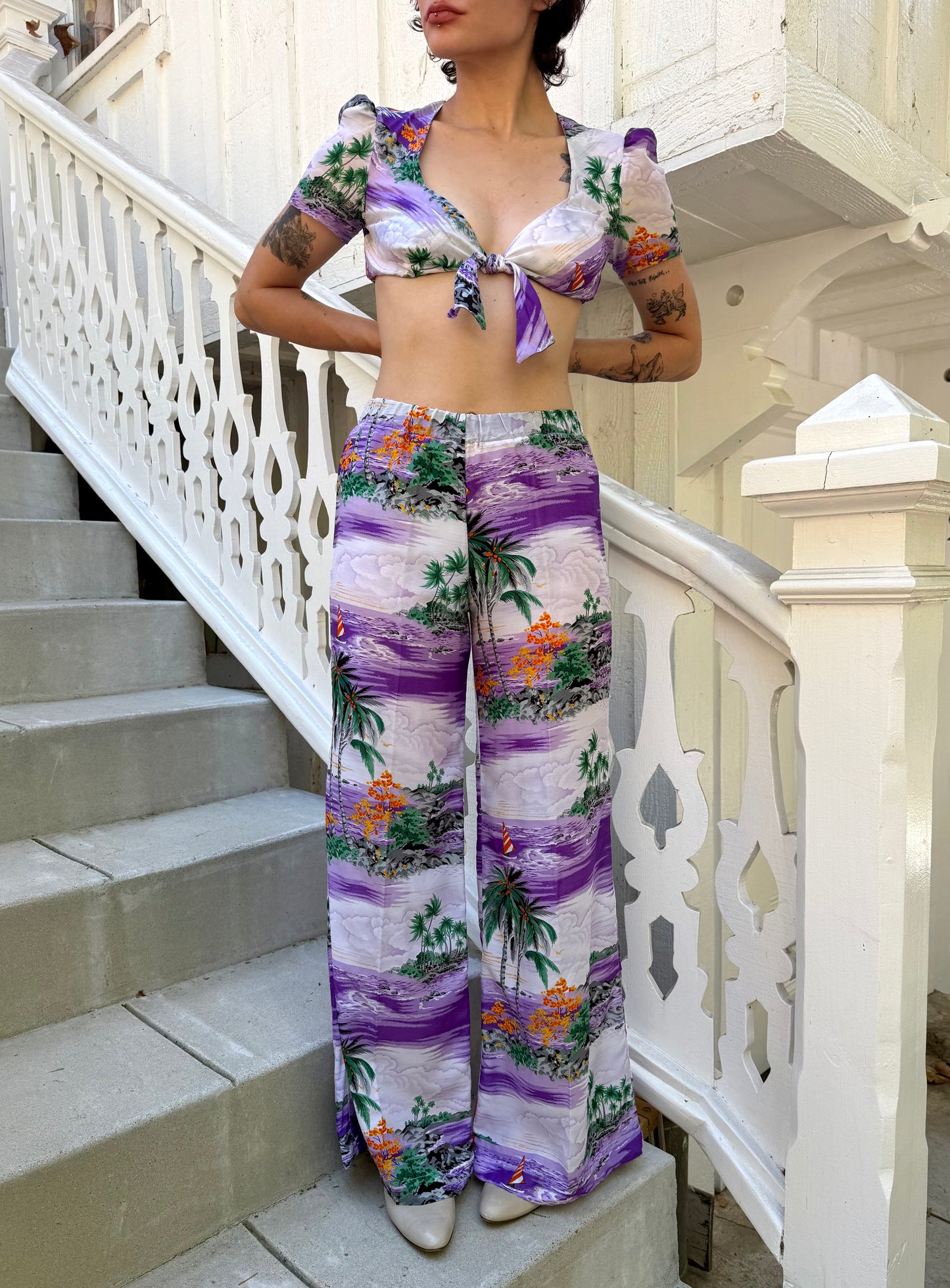 1970s Hawaiian Print Rayon Cropped Top and Pant Set