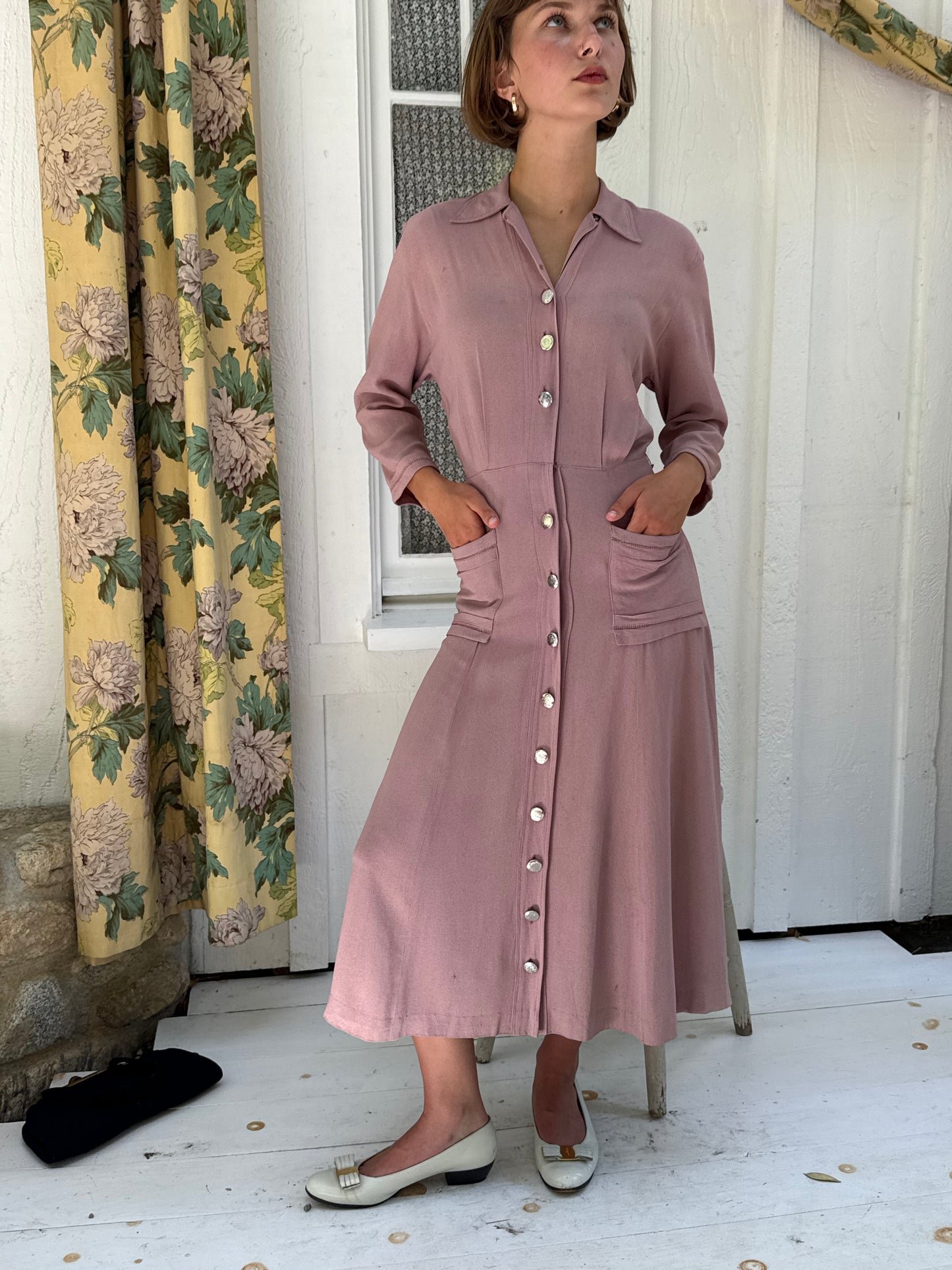 1930s Rose Crepe Button Front Day Dress
