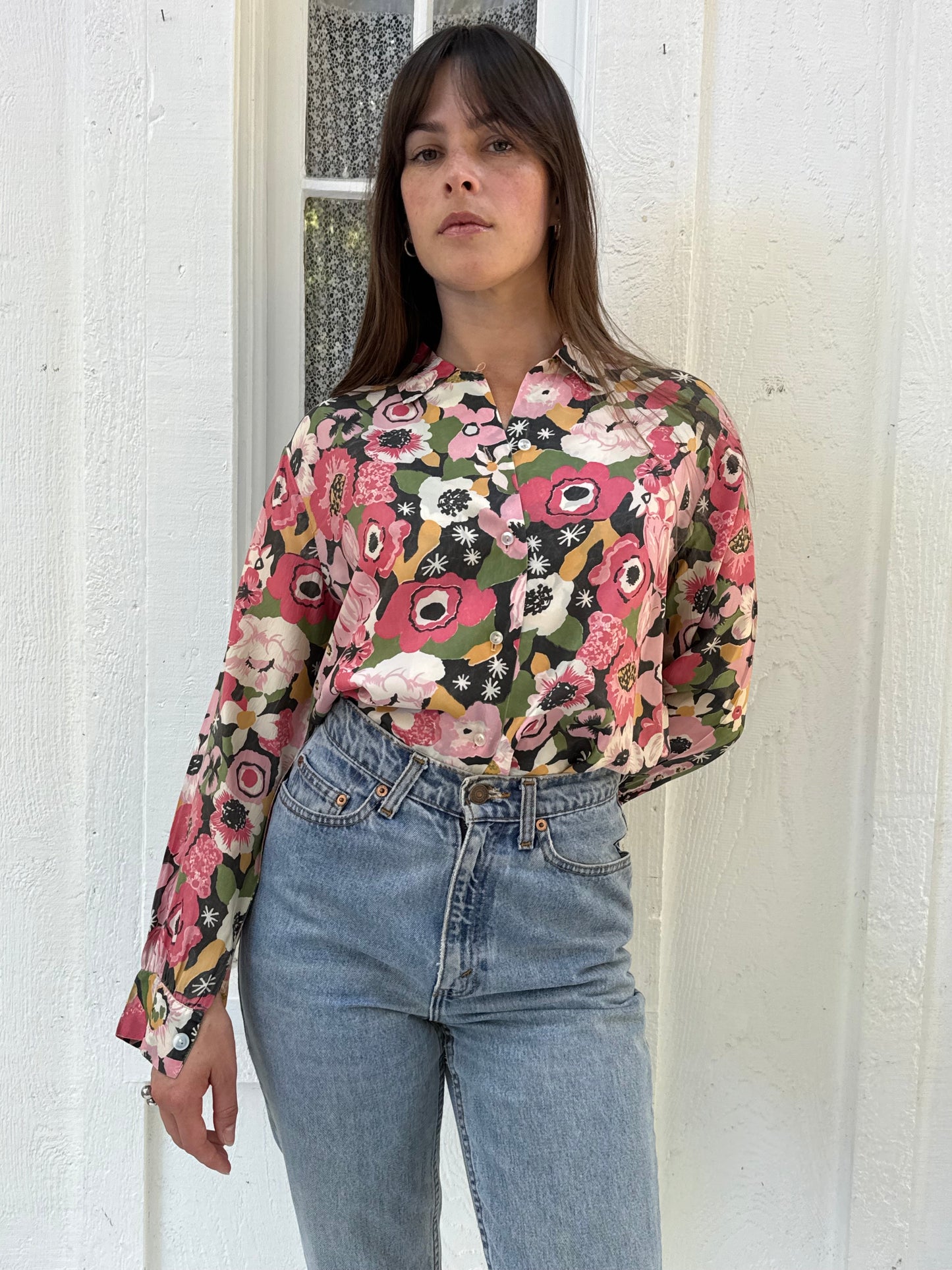 1950s Pink Floral Silk Blouse