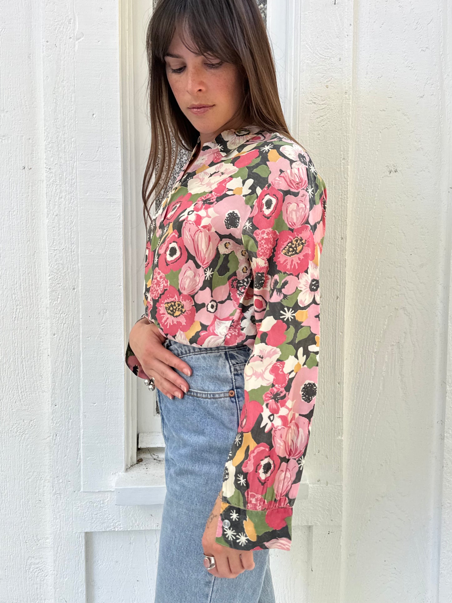 1950s Pink Floral Silk Blouse