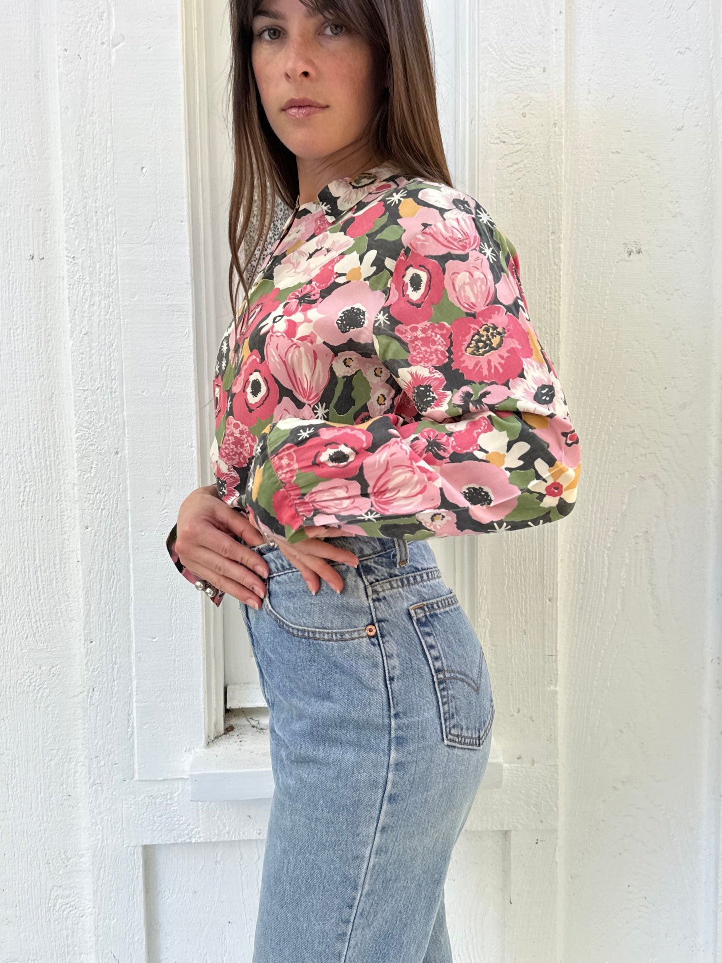 1950s Pink Floral Silk Blouse