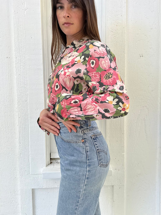1950s Pink Floral Silk Blouse