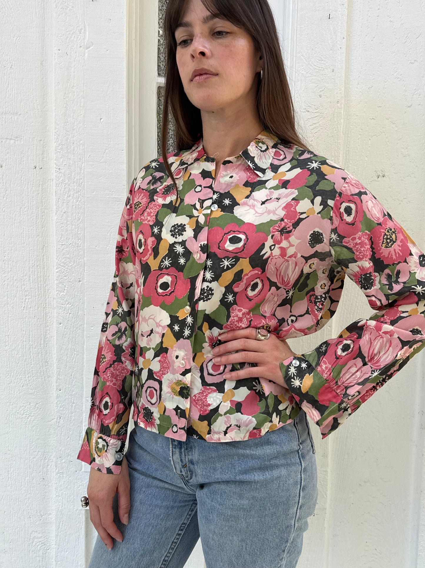 1950s Pink Floral Silk Blouse