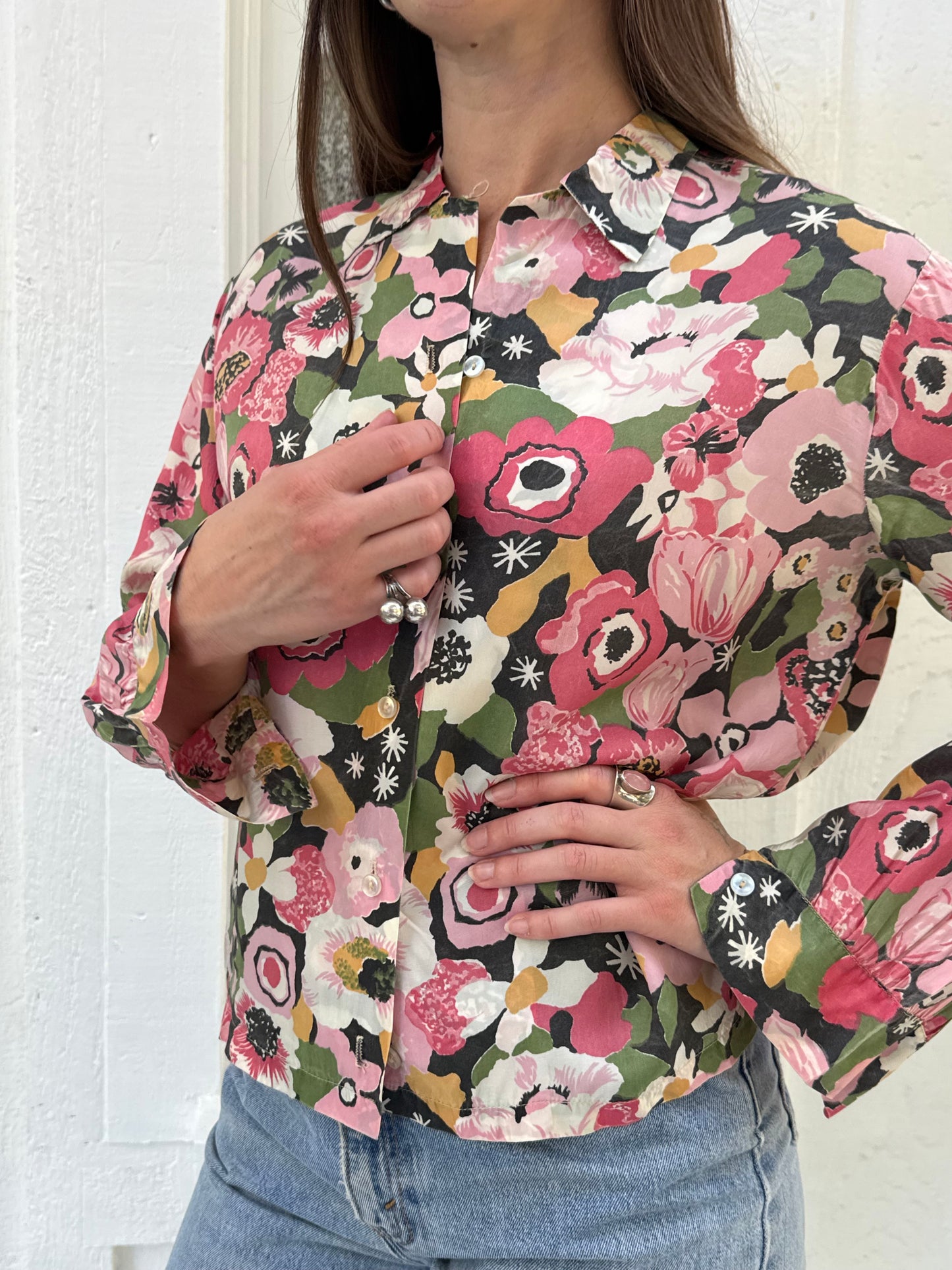 1950s Pink Floral Silk Blouse