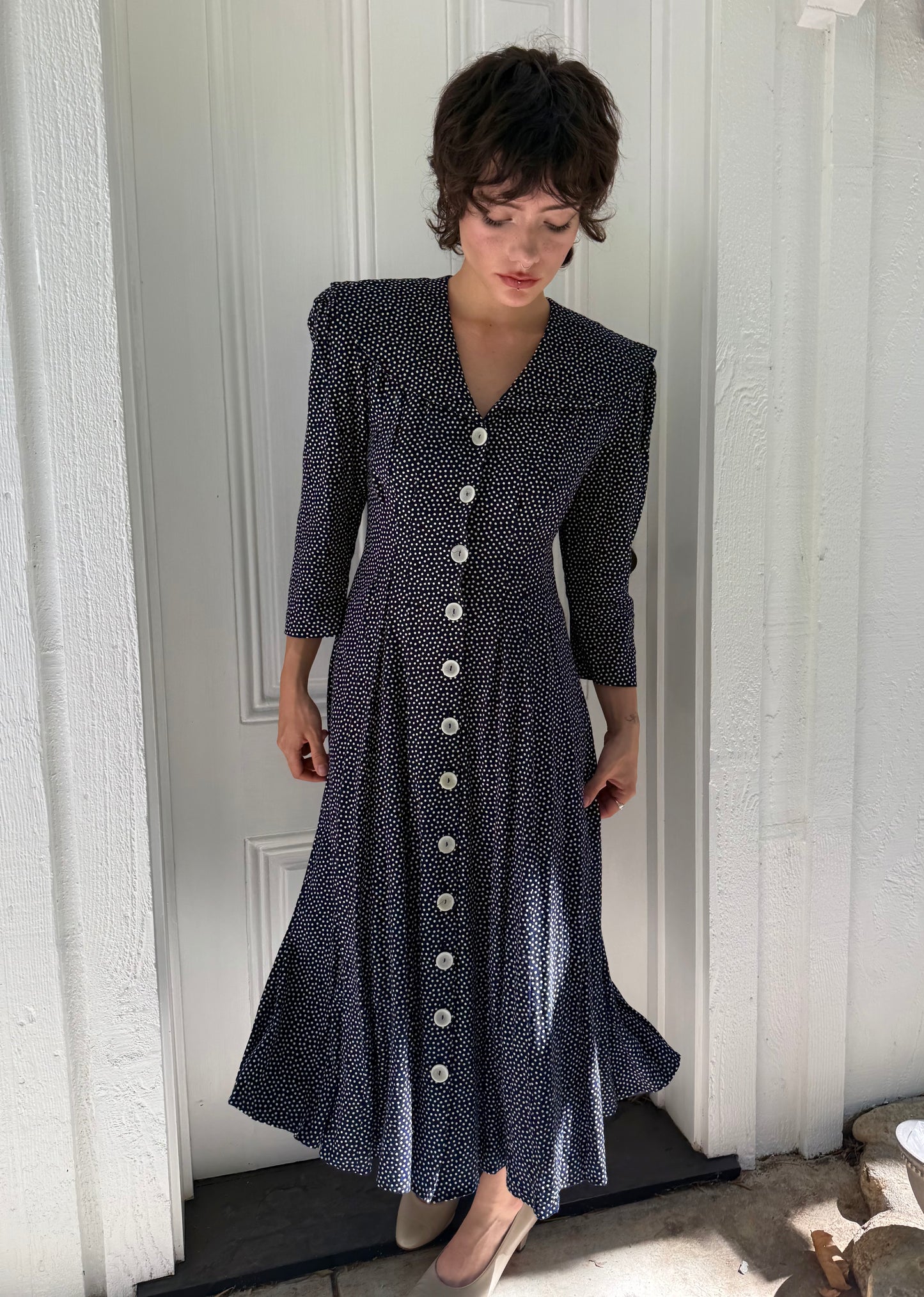 90s Navy Polka Dot Button Front Dress