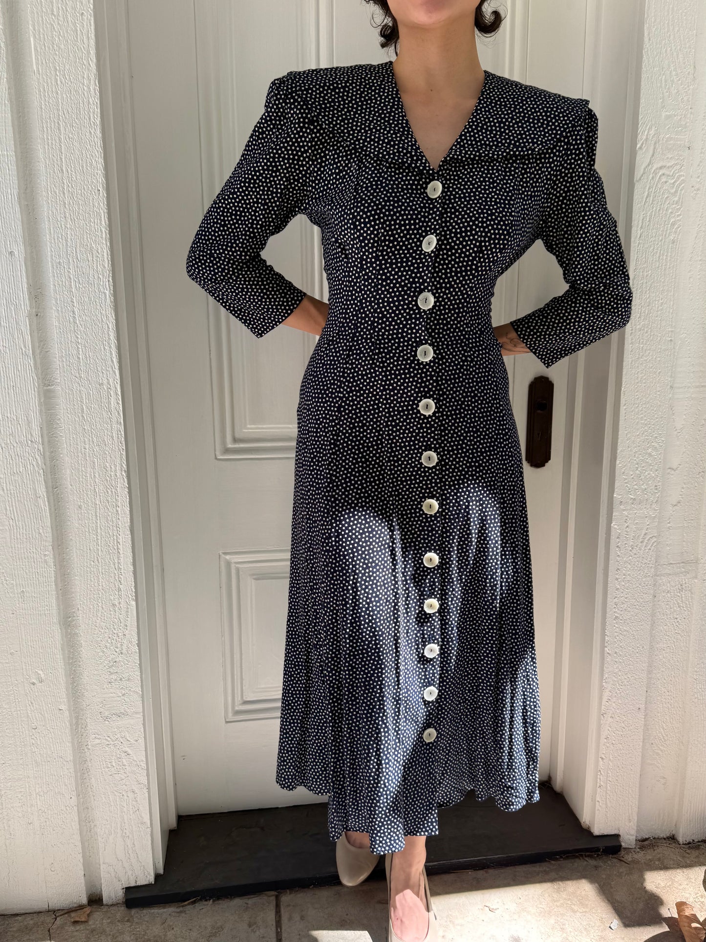 90s Navy Polka Dot Button Front Dress