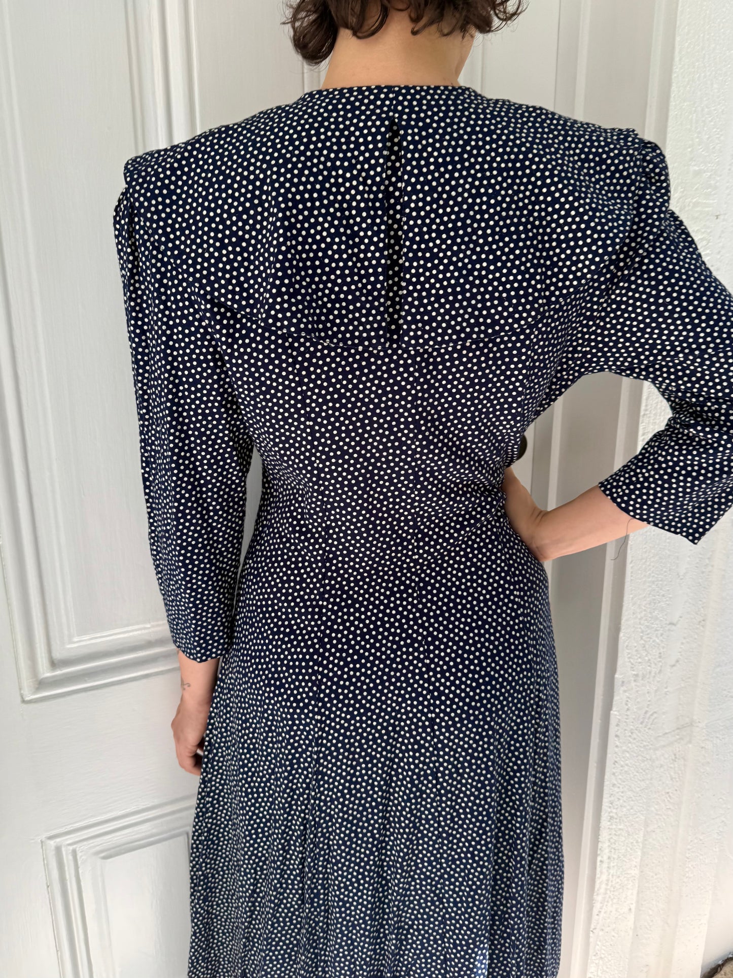90s Navy Polka Dot Button Front Dress