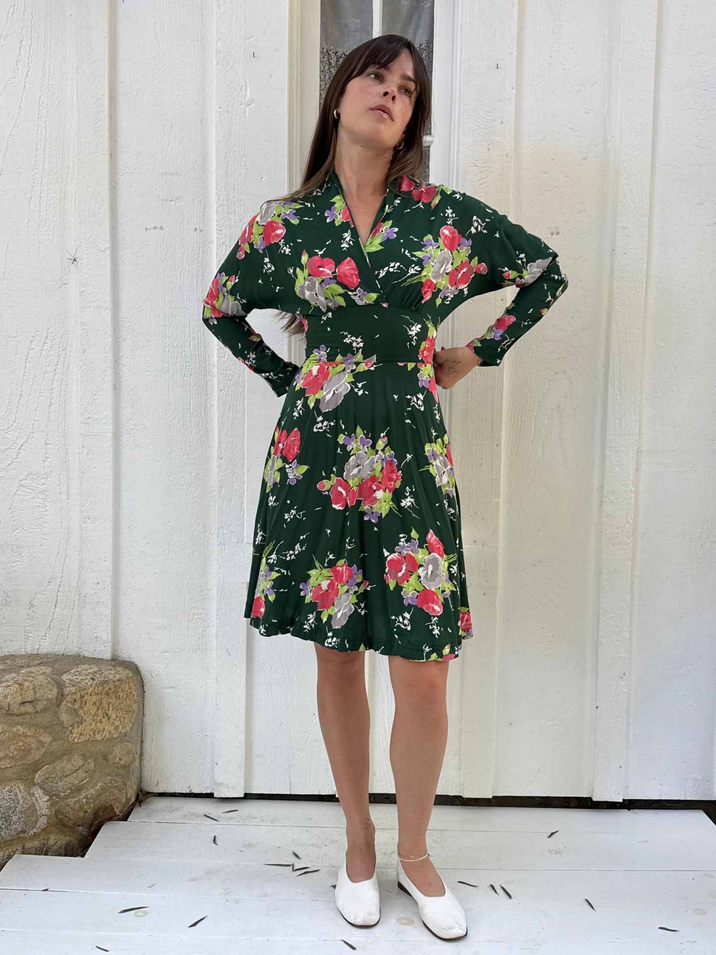 Rare 1970s Alley Cat by Betsey Johnson Green Floral Dress