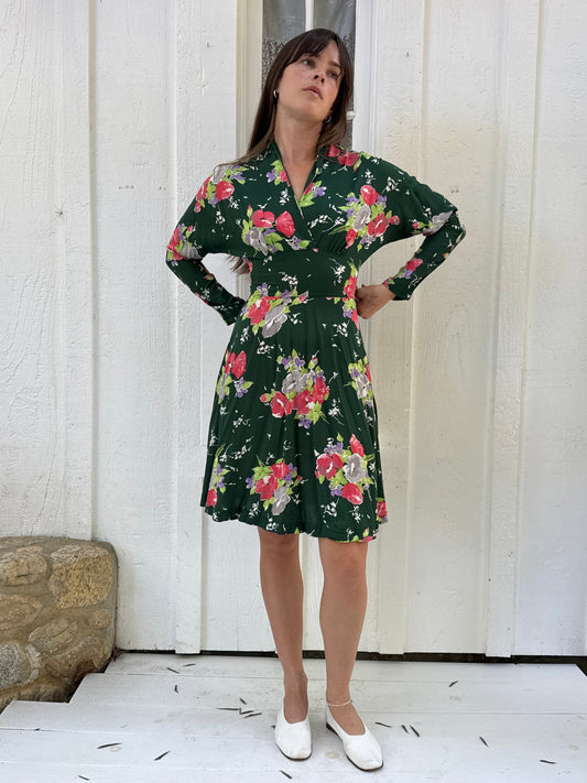 Rare 1970s Alley Cat by Betsey Johnson Green Floral Dress