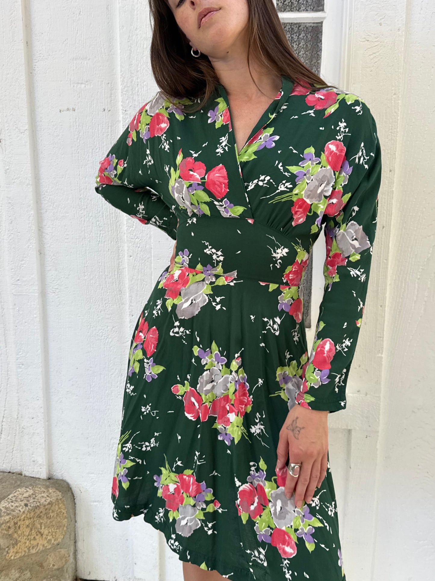 Rare 1970s Alley Cat by Betsey Johnson Green Floral Dress
