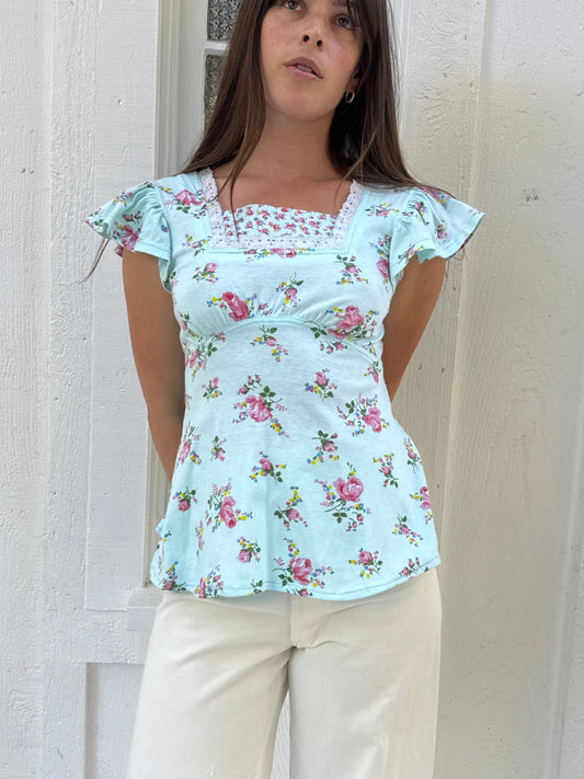 Rare 1970s Alley Cat by Betsey Johnson Blue Floral Cotton Top