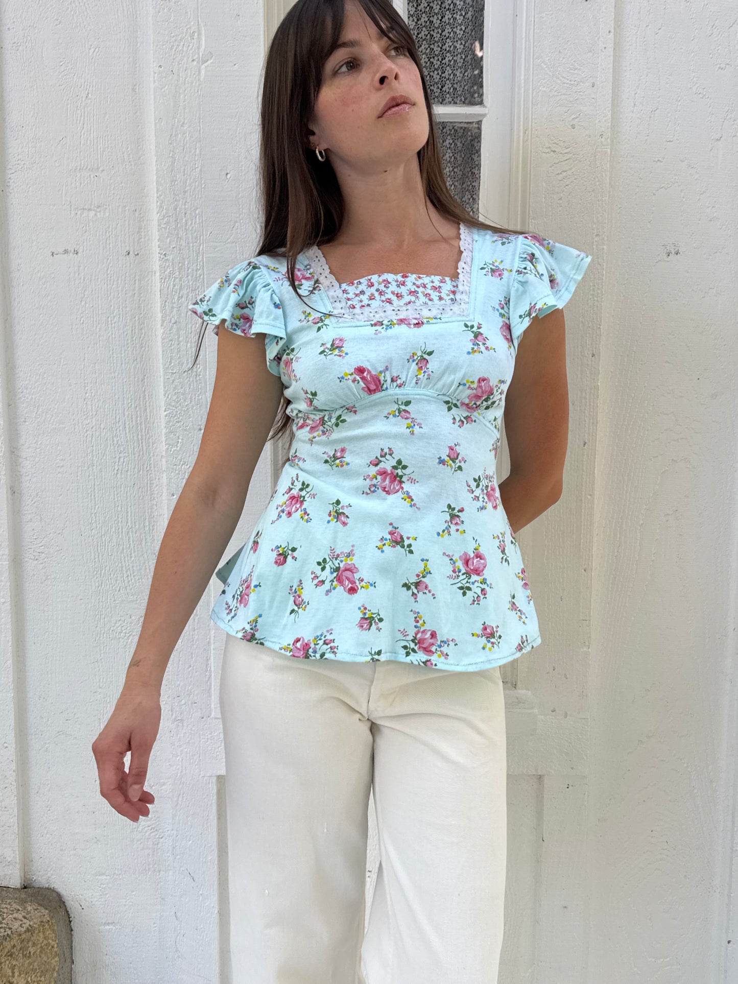 Rare 1970s Alley Cat by Betsey Johnson Blue Floral Cotton Top