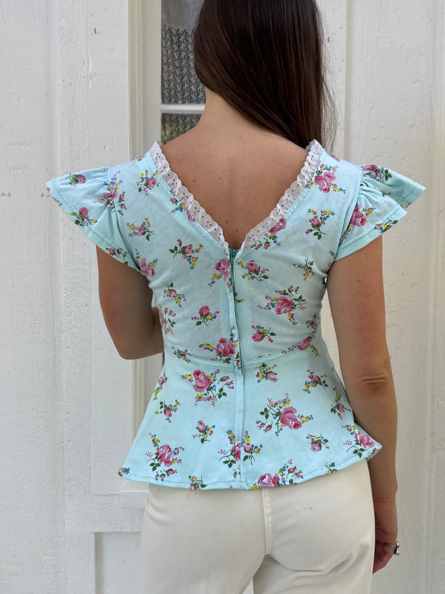 Rare 1970s Alley Cat by Betsey Johnson Blue Floral Cotton Top