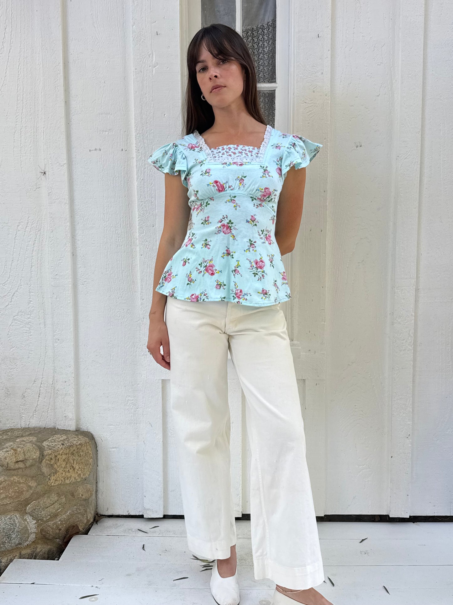 Rare 1970s Alley Cat by Betsey Johnson Blue Floral Cotton Top