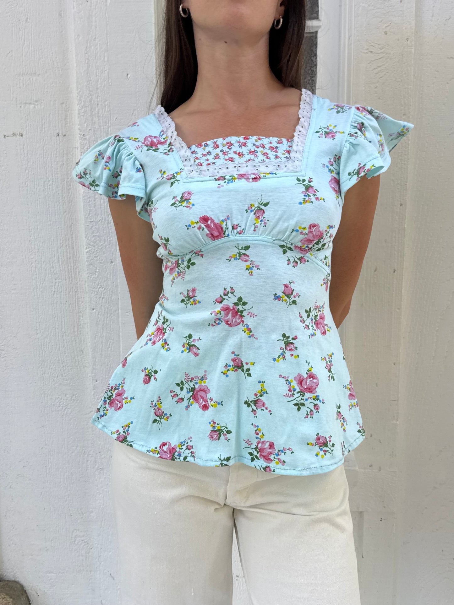 Rare 1970s Alley Cat by Betsey Johnson Blue Floral Cotton Top