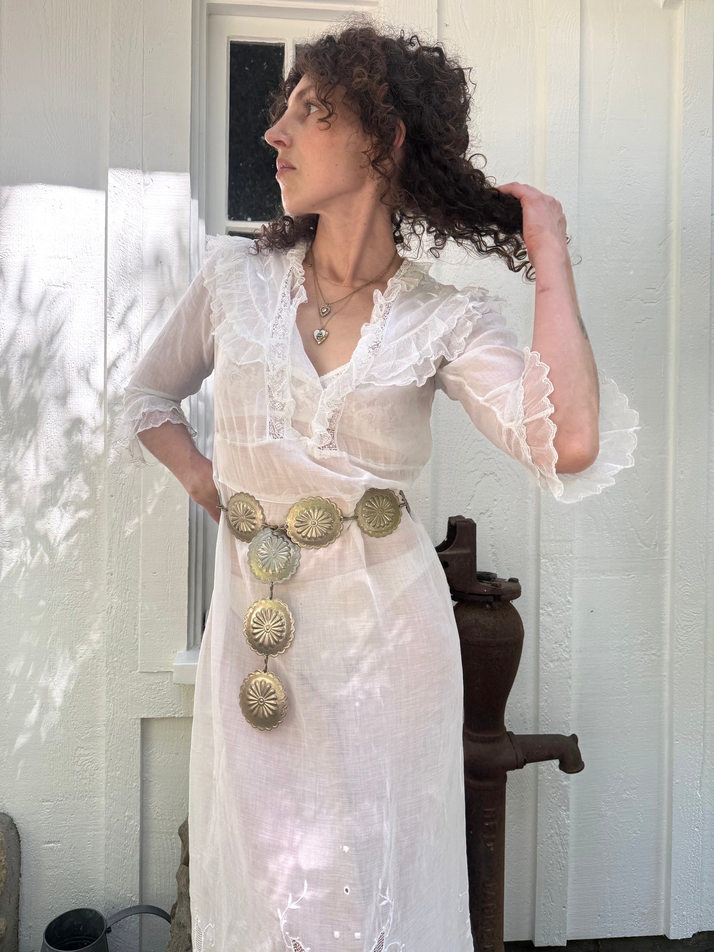 Victorian Cotton White Sheer Lace Trim Ruffle Day Dress
