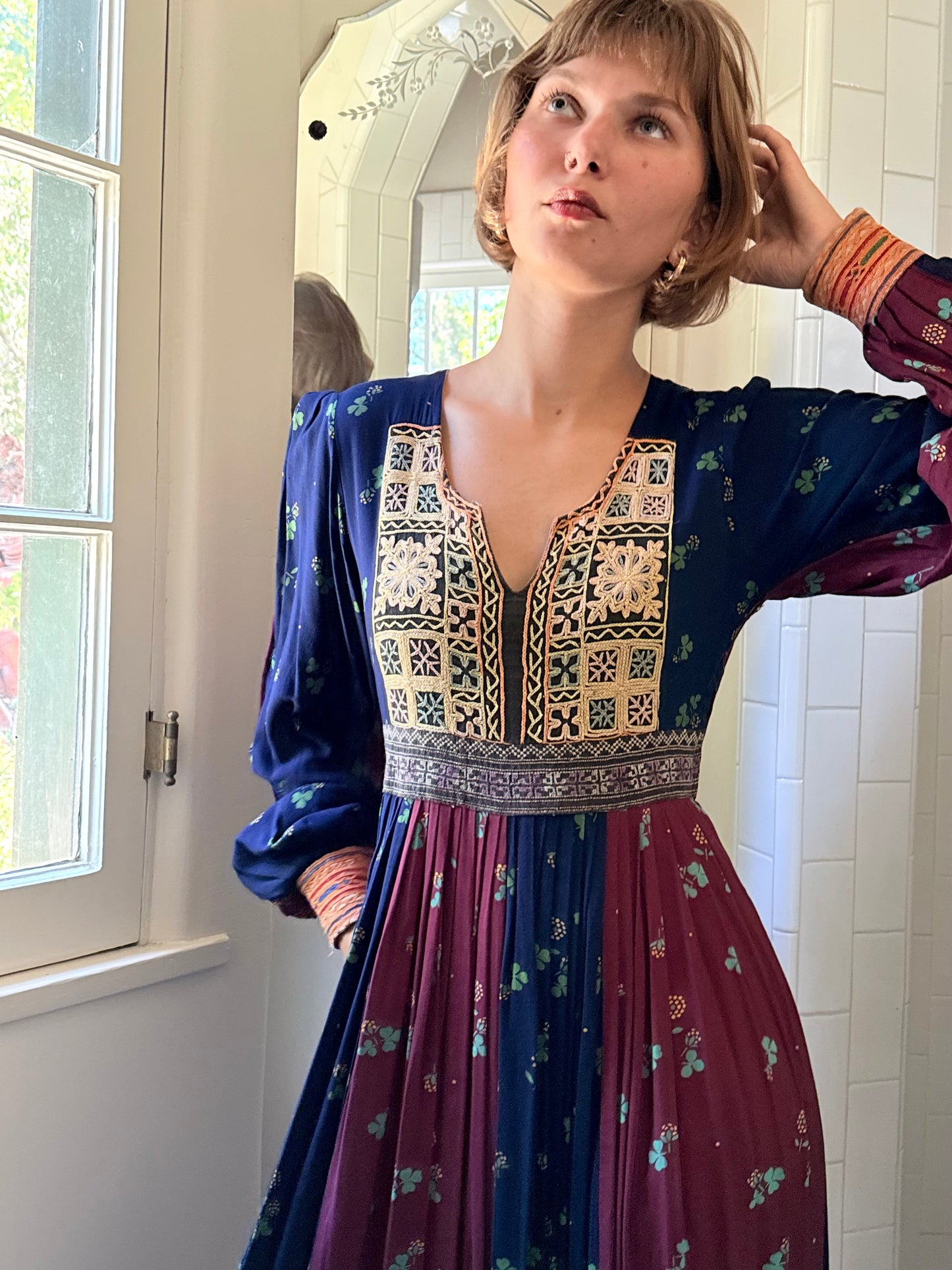 1970s Embroidered Afghan Patchwork Clover Printed Dress