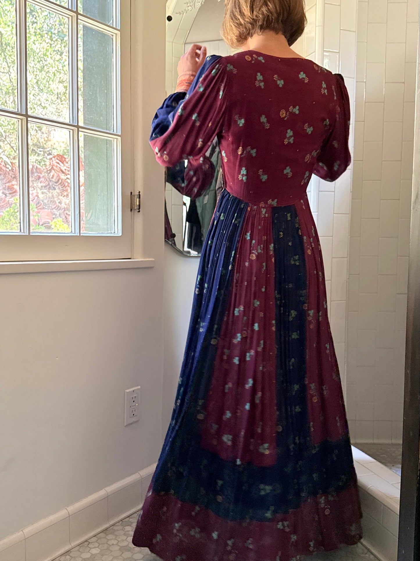 1970s Embroidered Afghan Patchwork Clover Printed Dress