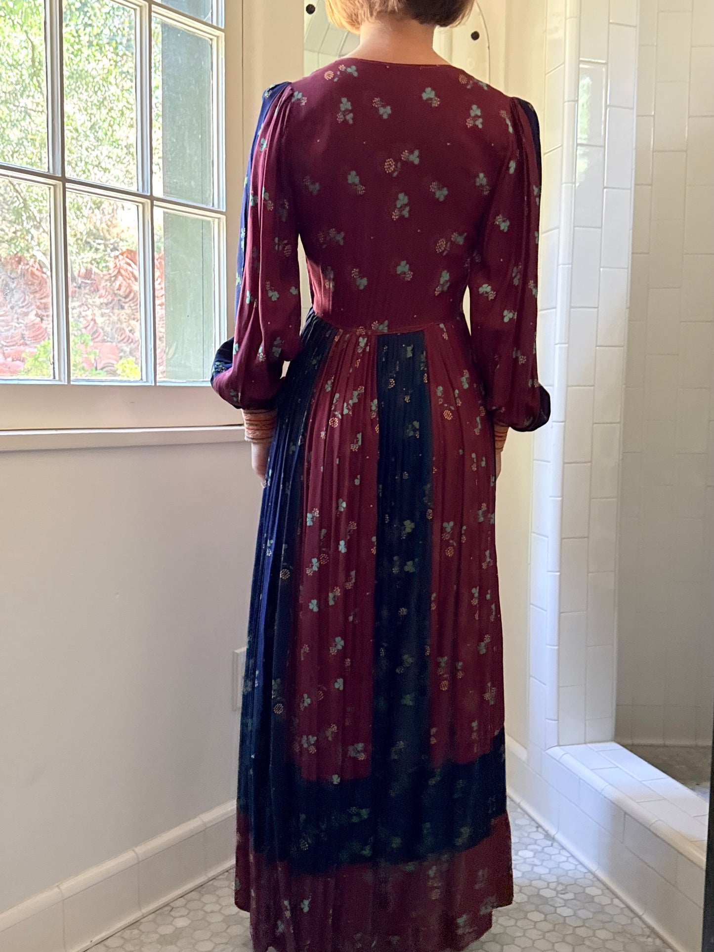 1970s Embroidered Afghan Patchwork Clover Printed Dress