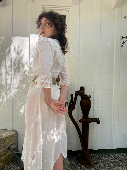 Victorian Cotton White Sheer Lace Trim Ruffle Day Dress