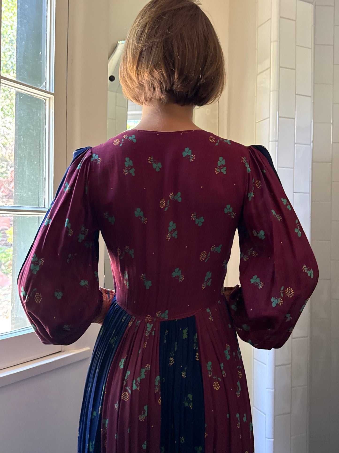 1970s Embroidered Afghan Patchwork Clover Printed Dress