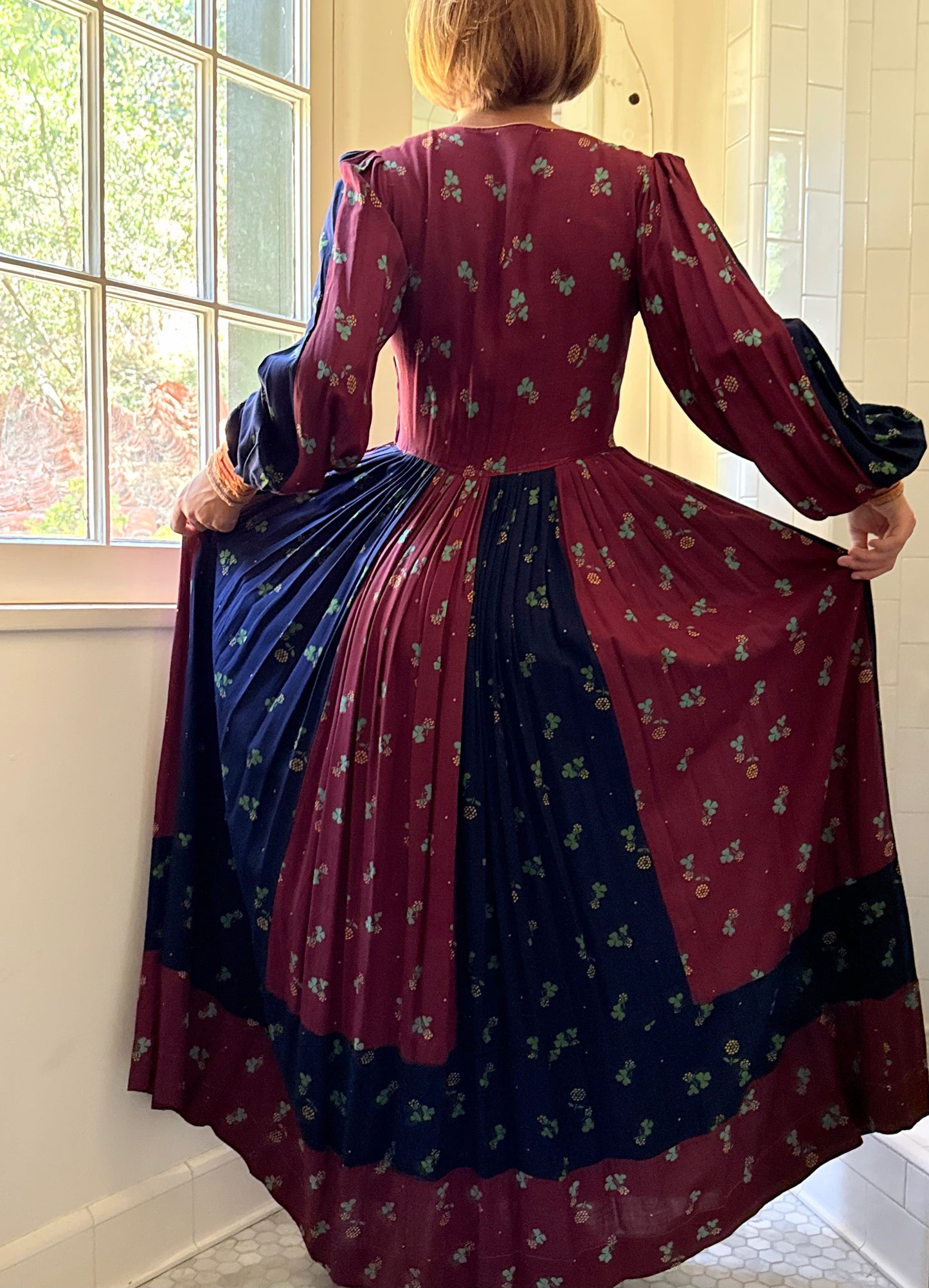 1970s Embroidered Afghan Patchwork Clover Printed Dress