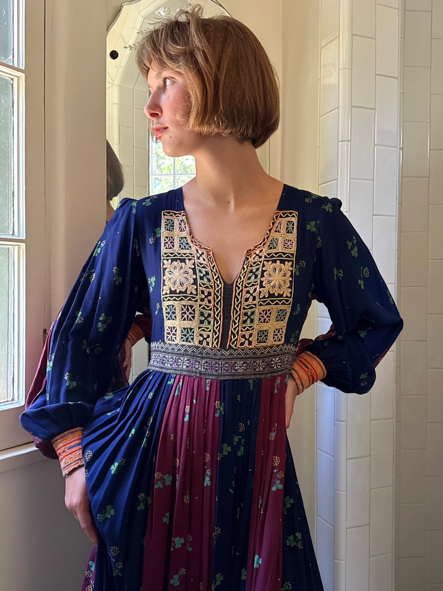 1970s Embroidered Afghan Patchwork Clover Printed Dress