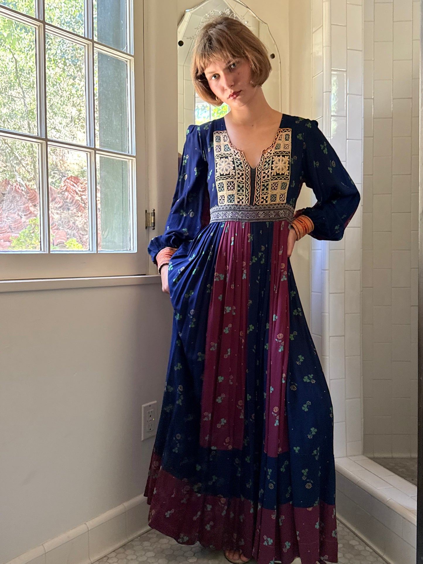 1970s Embroidered Afghan Patchwork Clover Printed Dress
