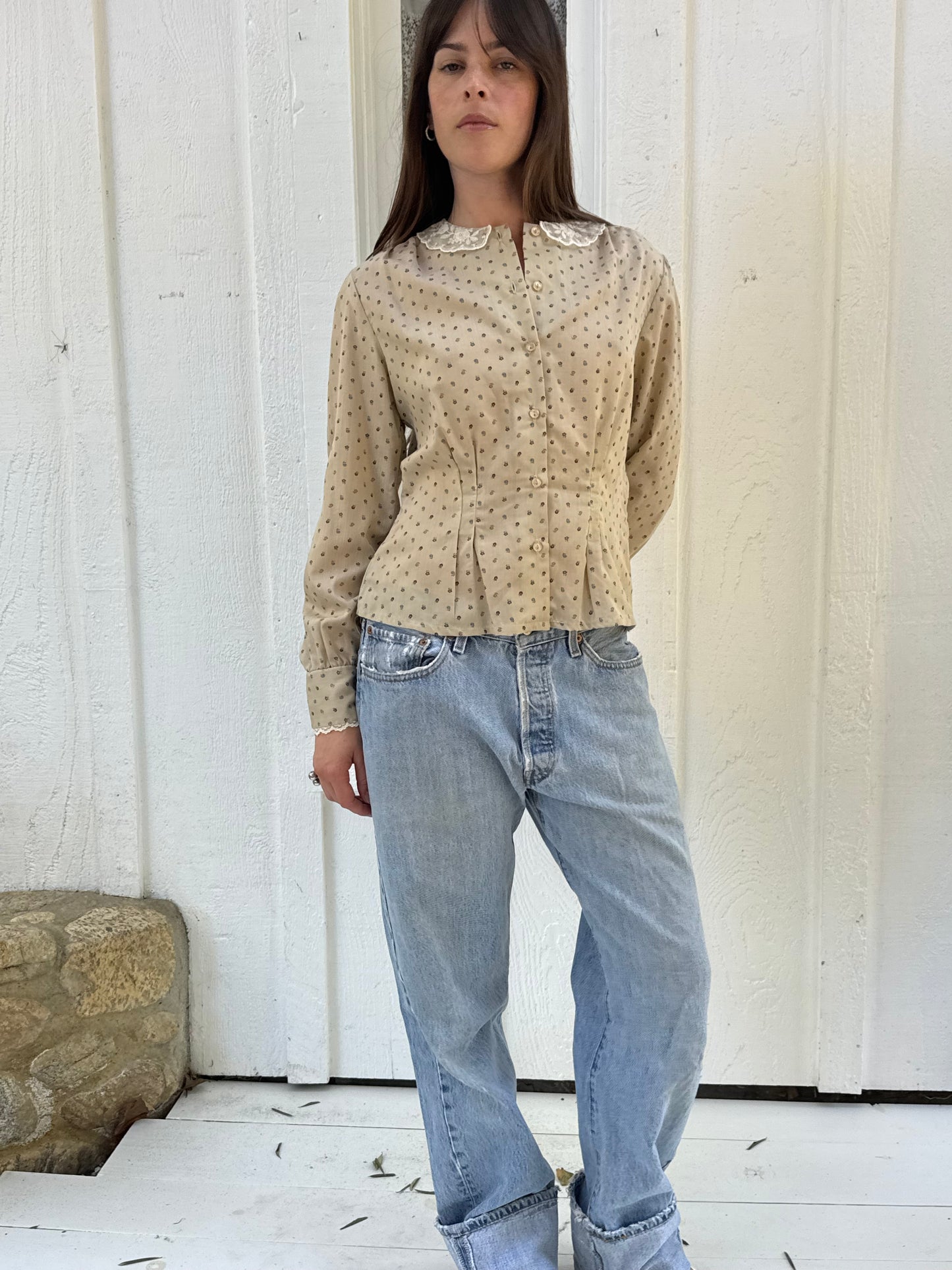 1970s Tan Floral Cotton Blouse
