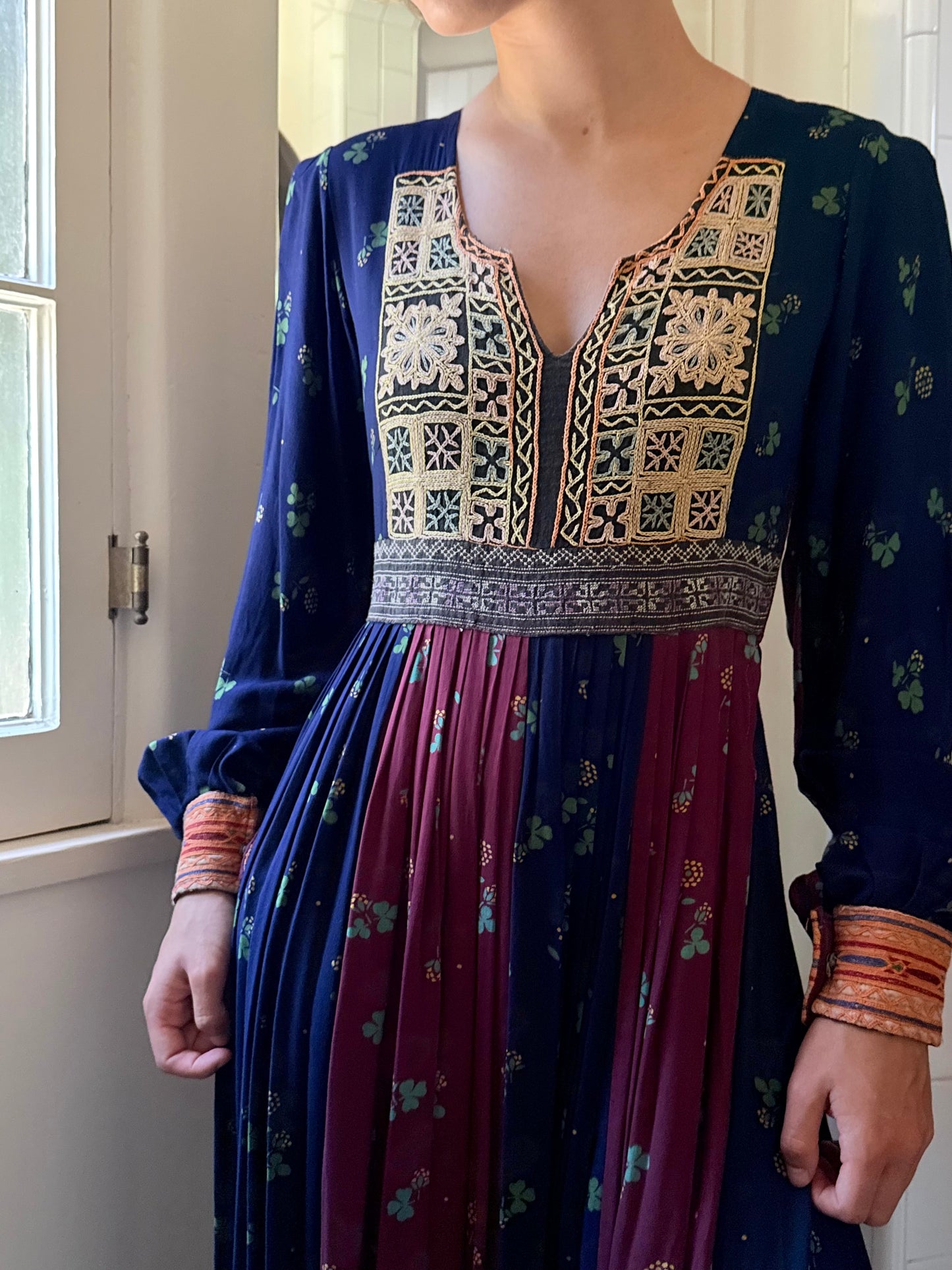 1970s Embroidered Afghan Patchwork Clover Printed Dress
