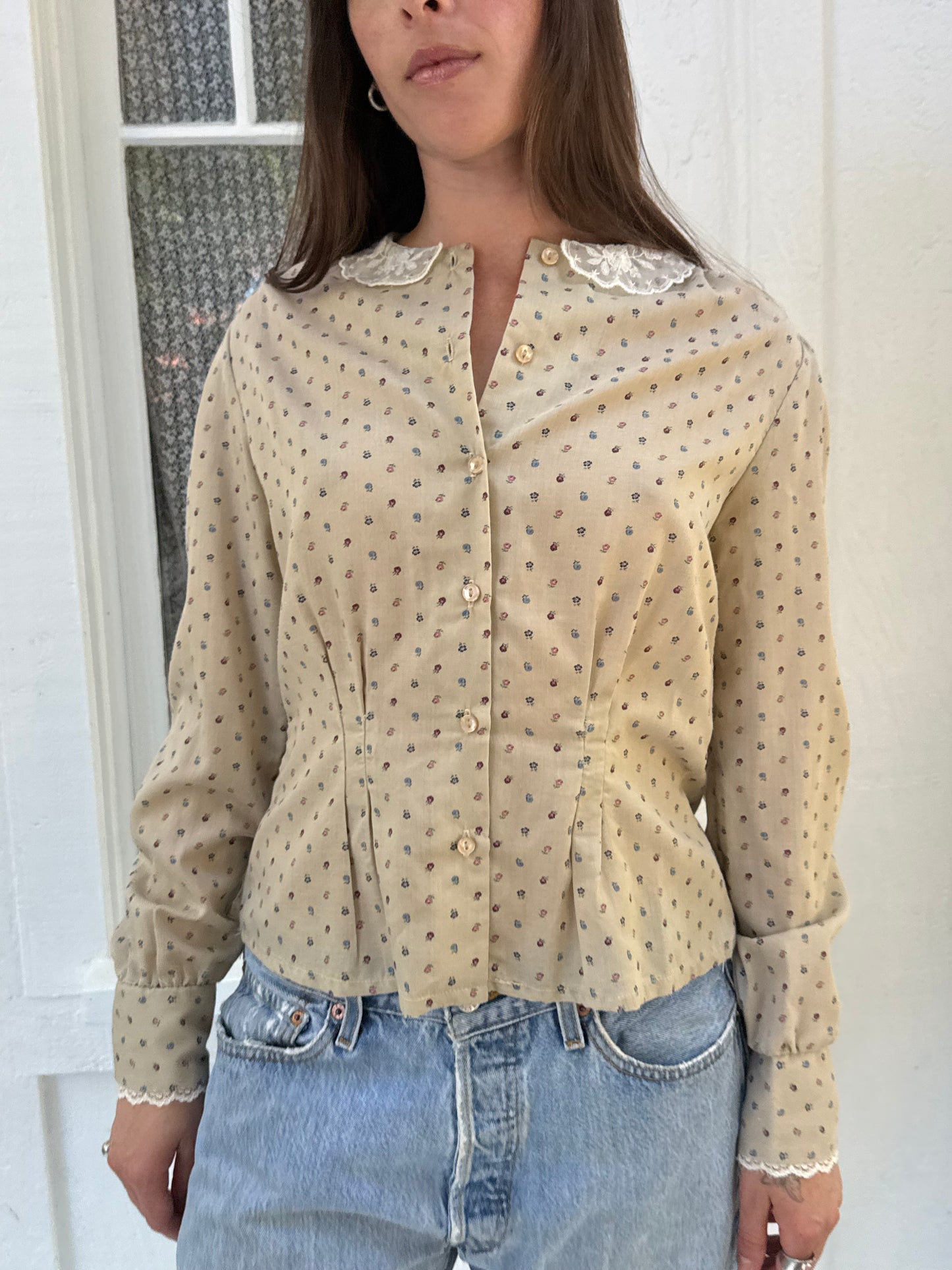 1970s Tan Floral Cotton Blouse