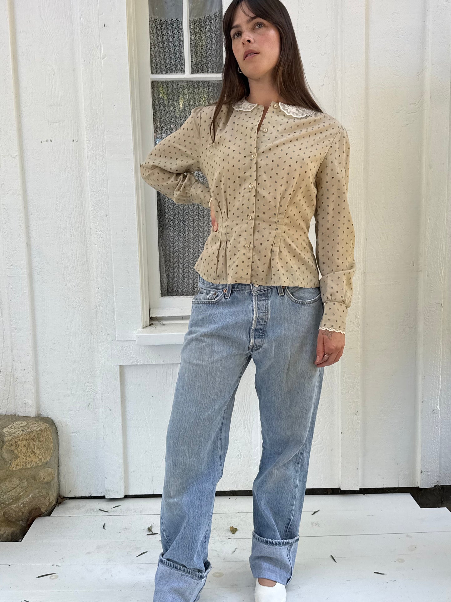 1970s Tan Floral Cotton Blouse