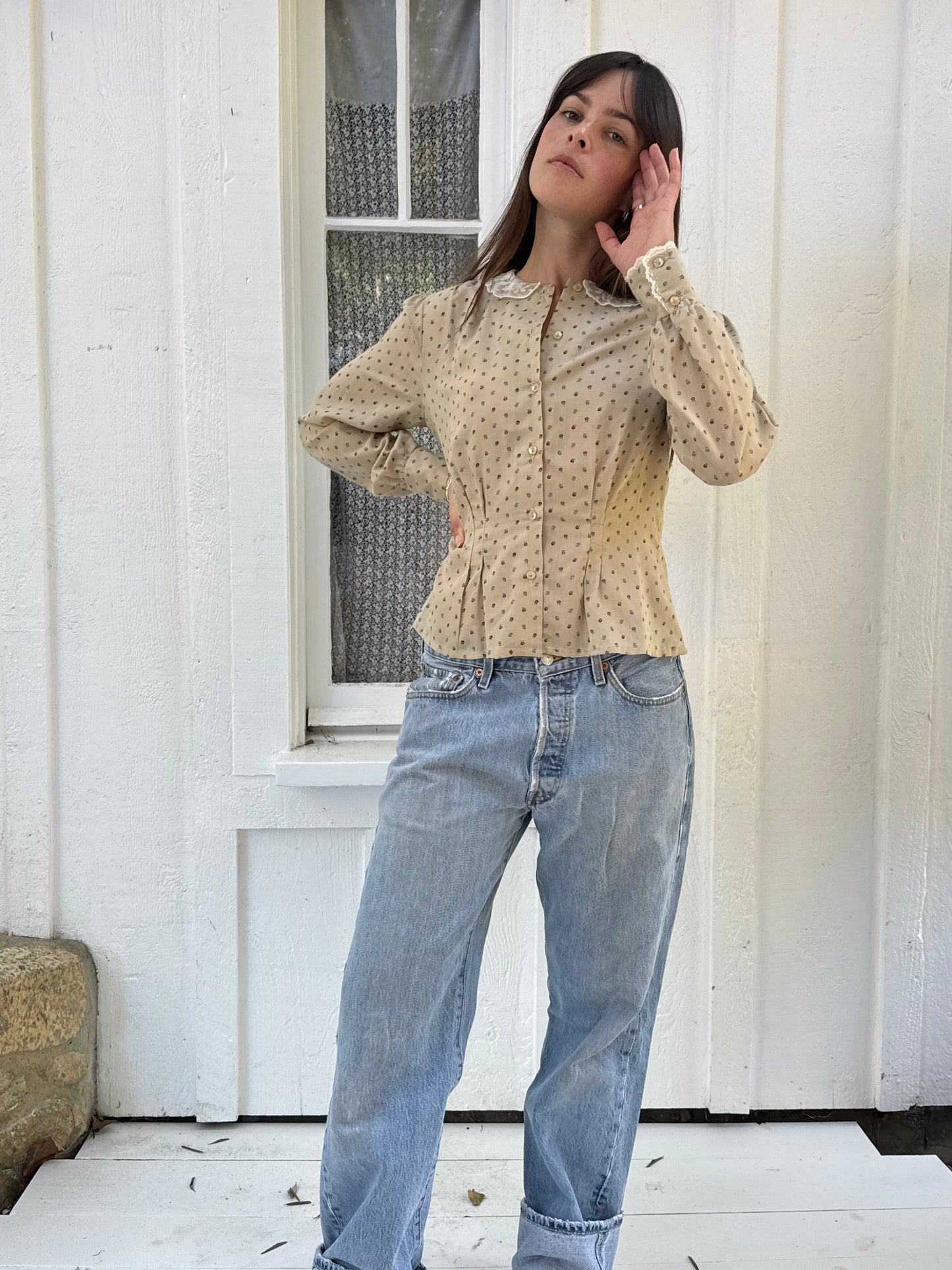 1970s Tan Floral Cotton Blouse