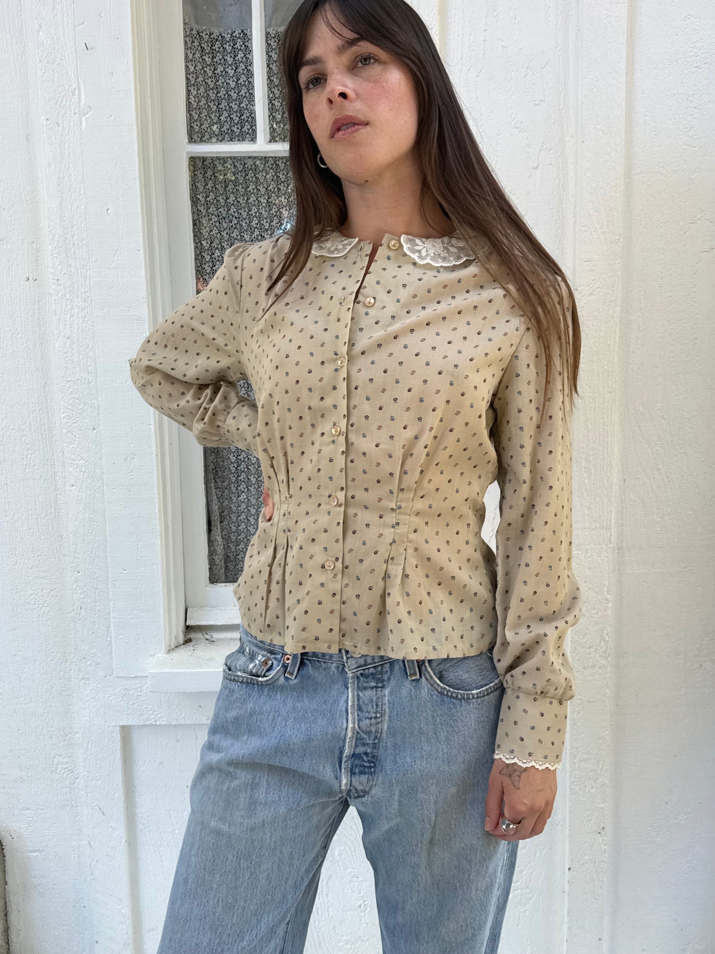 1970s Tan Floral Cotton Blouse
