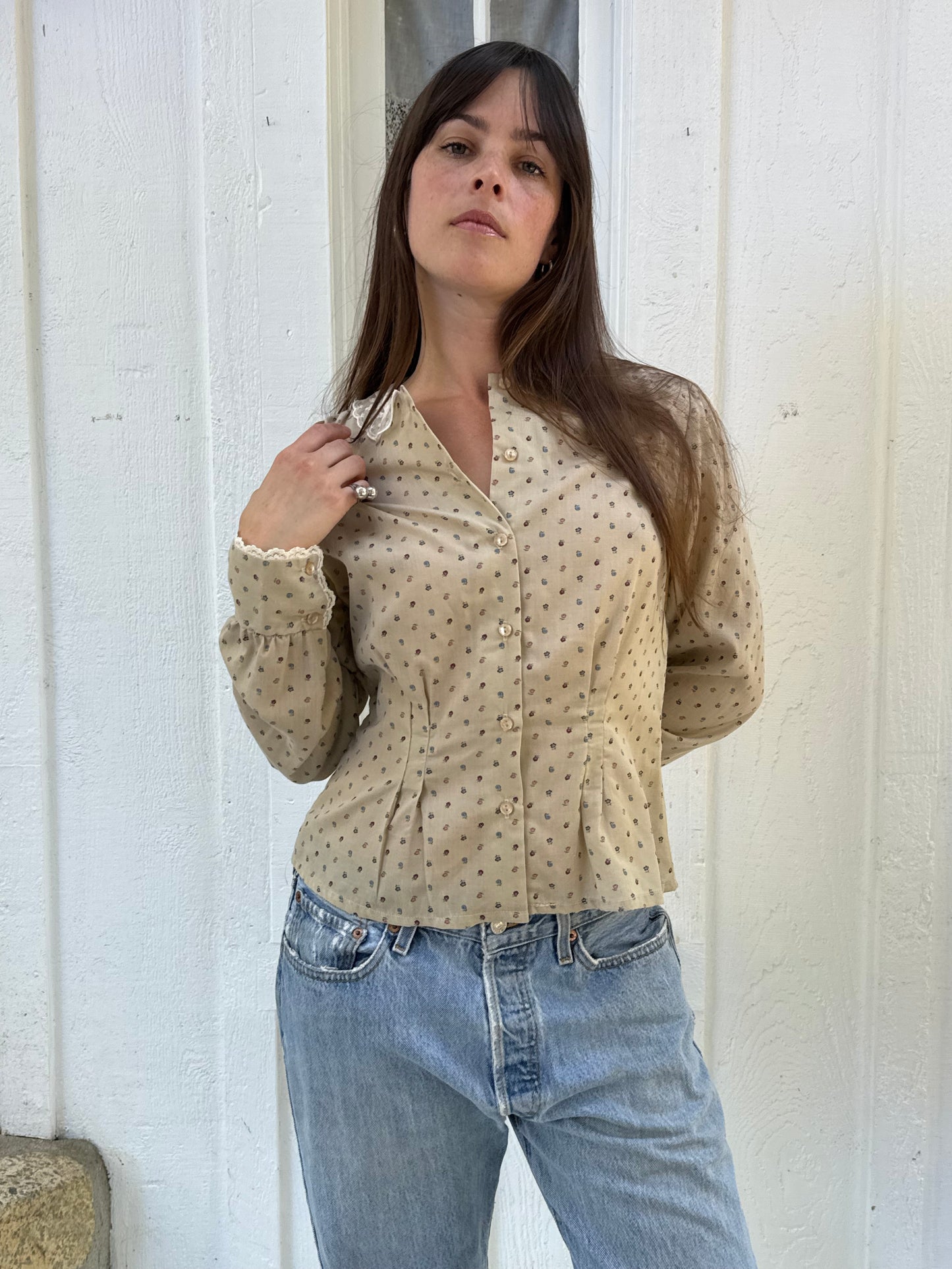 1970s Tan Floral Cotton Blouse