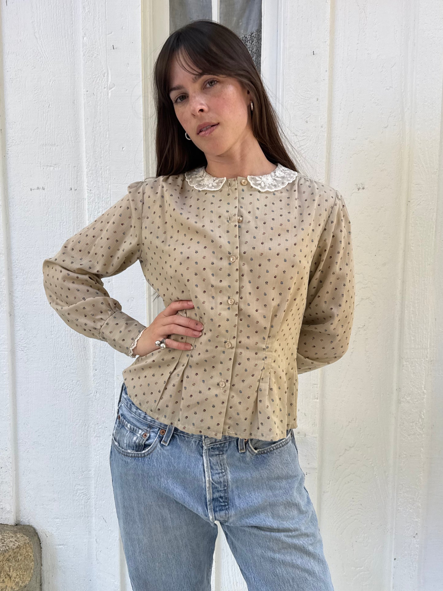 1970s Tan Floral Cotton Blouse