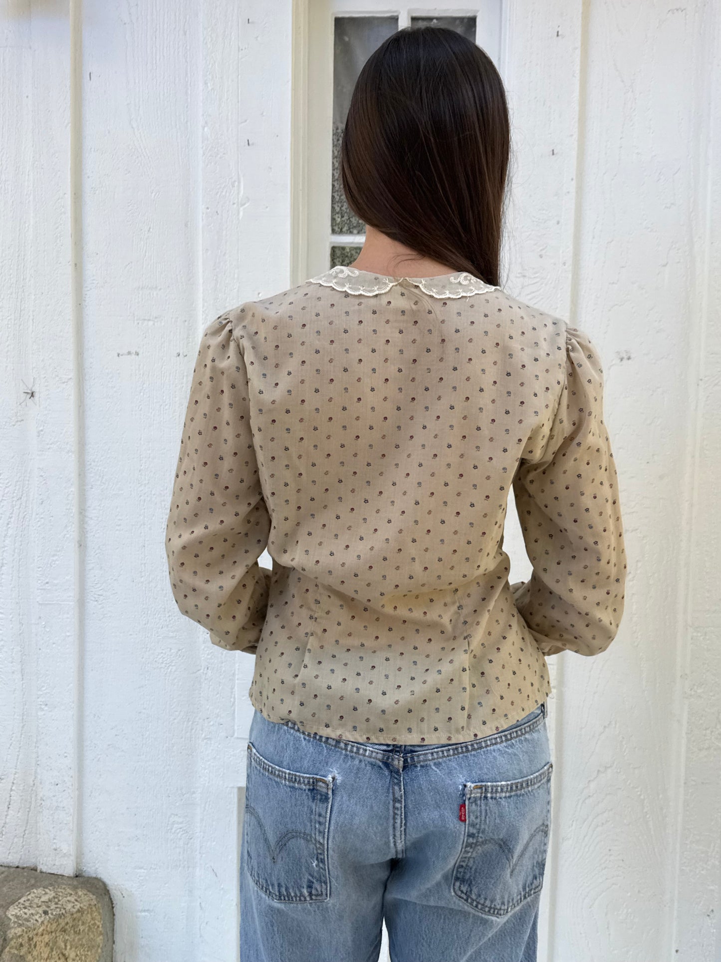 1970s Tan Floral Cotton Blouse