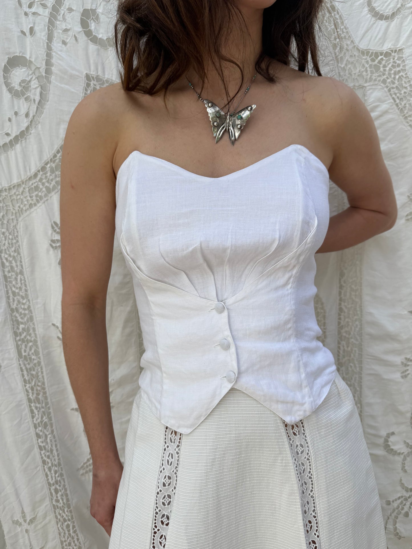 1980s Renato Nucci Paris White Linen Gathered Button Front Bustier
