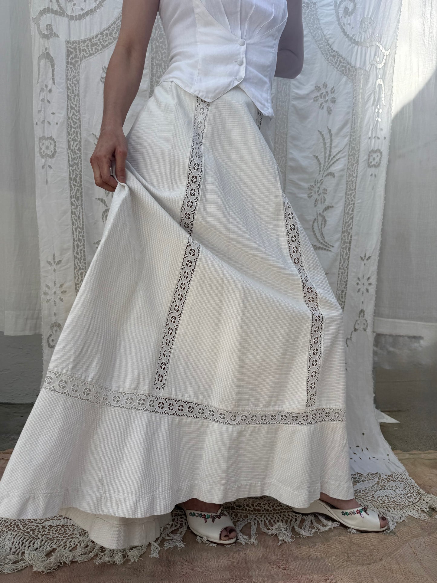 Edwardian Cotton Twill Lawn Skirt with Crochet Inlay and Pleated Back Skirt