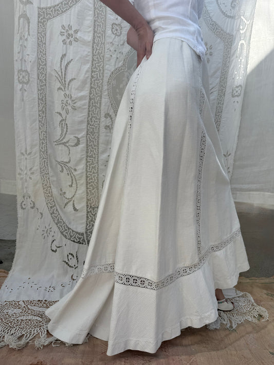 Edwardian Cotton Twill Lawn Skirt with Crochet Inlay and Pleated Back Skirt