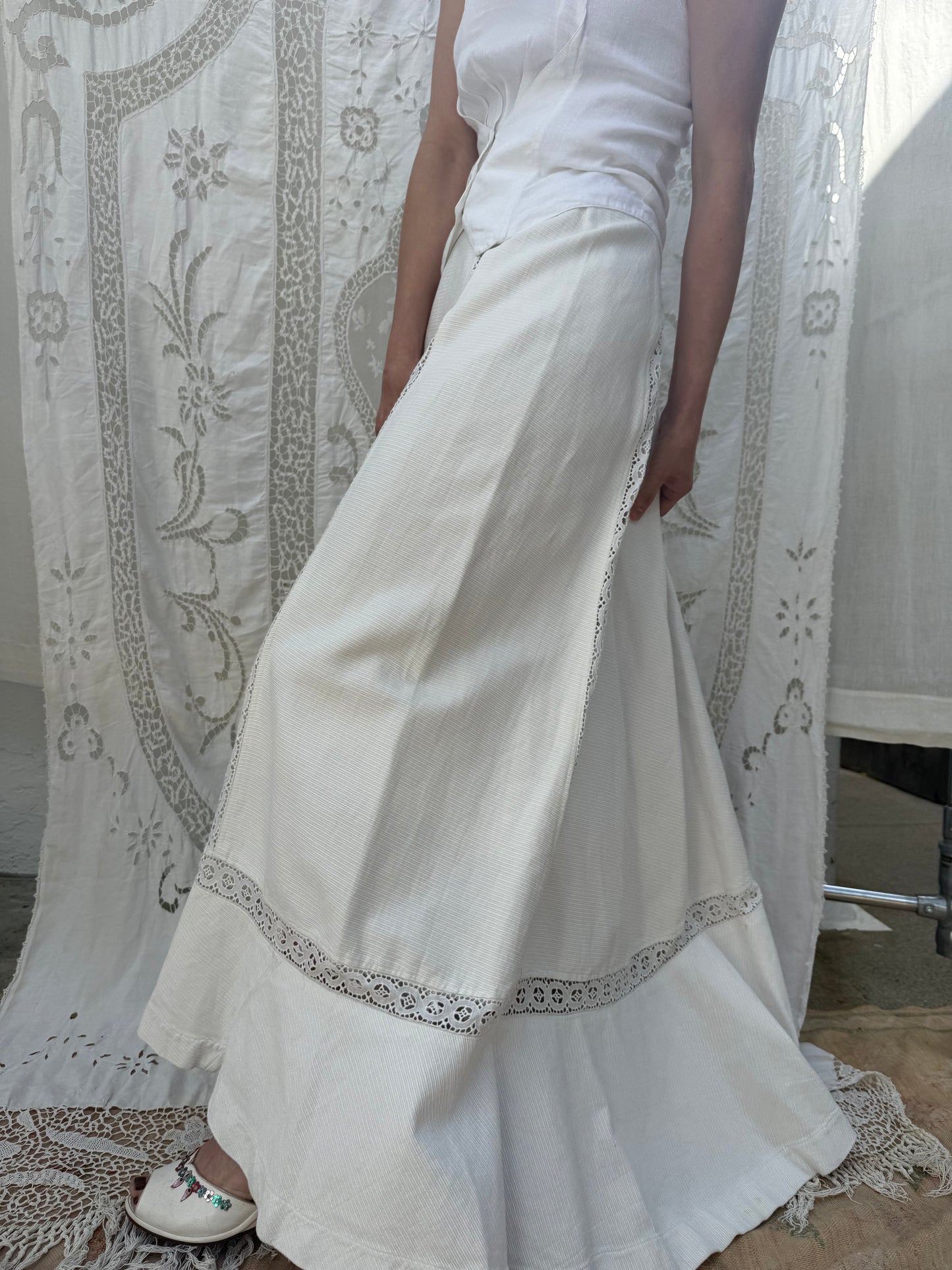 Edwardian Cotton Twill Lawn Skirt with Crochet Inlay and Pleated Back Skirt