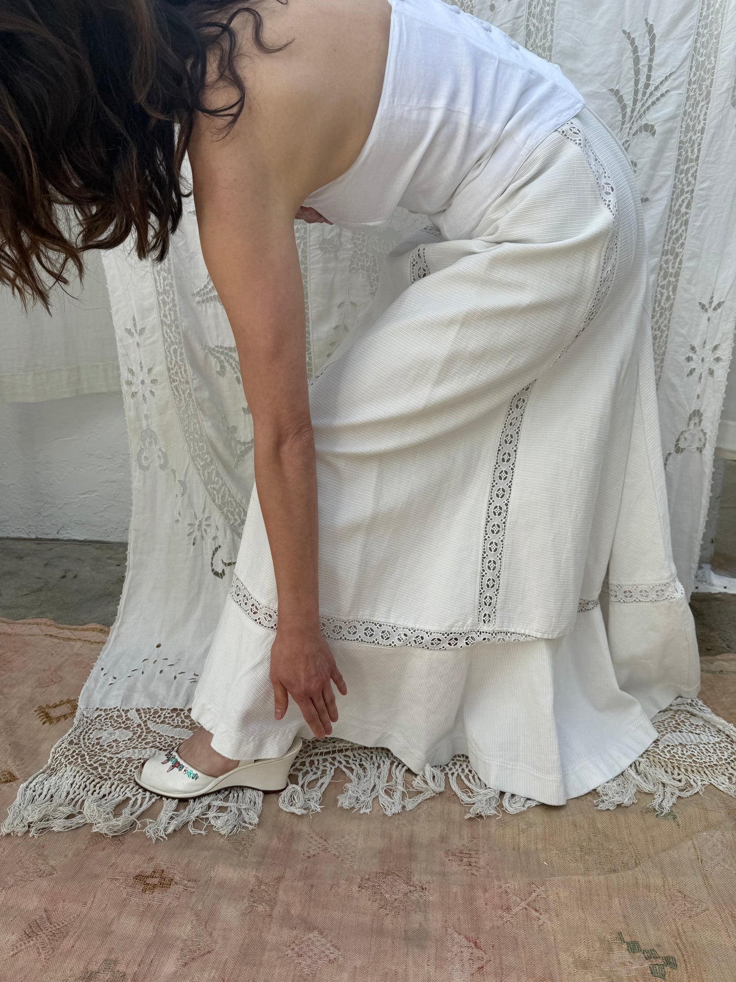 Edwardian Cotton Twill Lawn Skirt with Crochet Inlay and Pleated Back Skirt