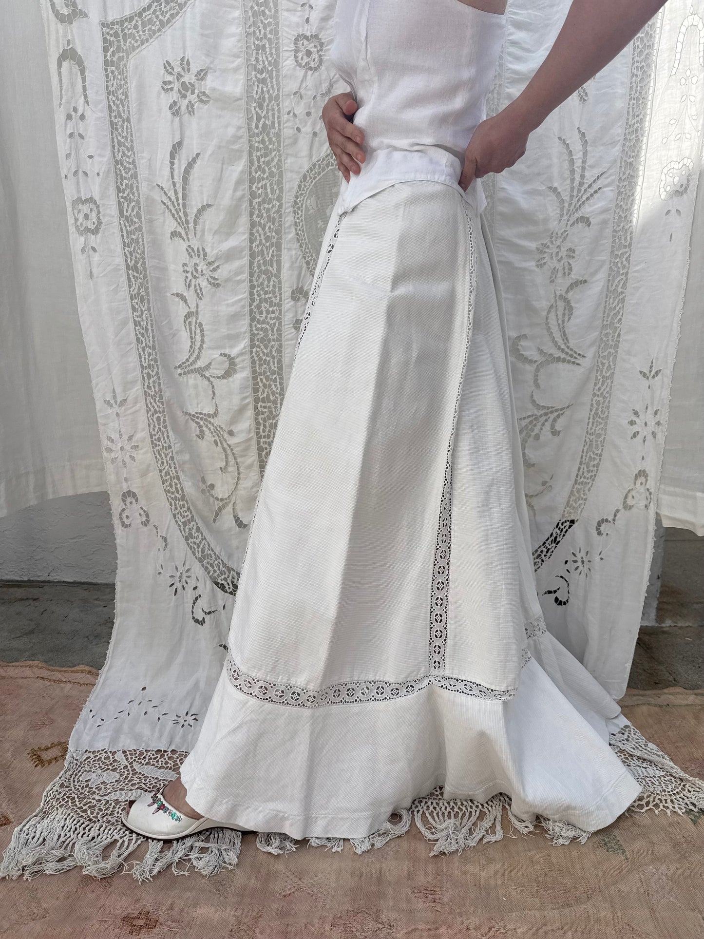 Edwardian Cotton Twill Lawn Skirt with Crochet Inlay and Pleated Back Skirt