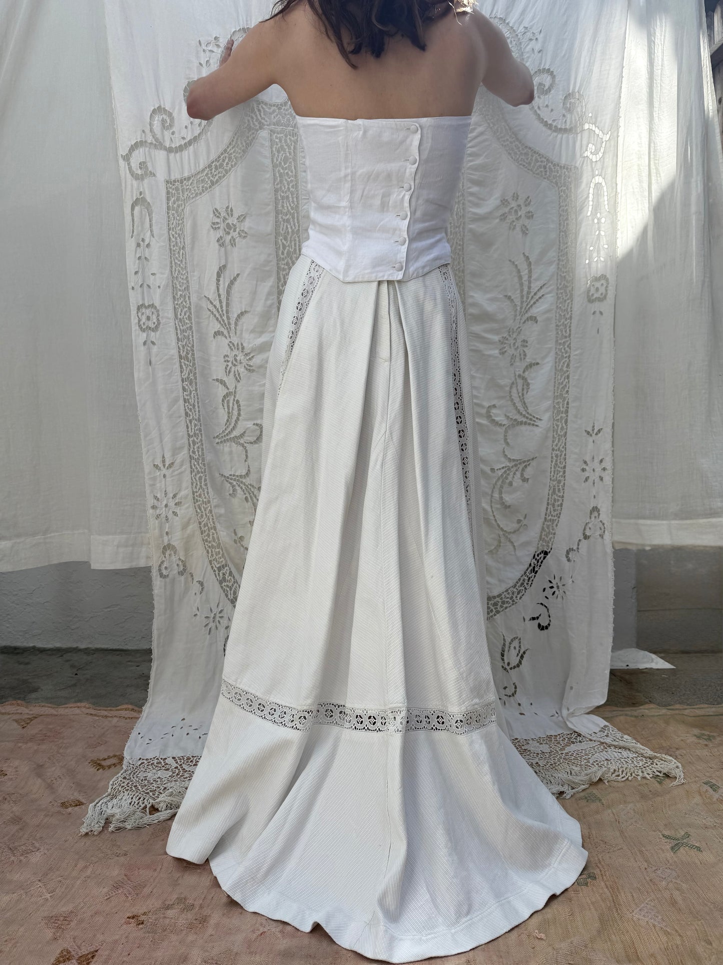 Edwardian Cotton Twill Lawn Skirt with Crochet Inlay and Pleated Back Skirt