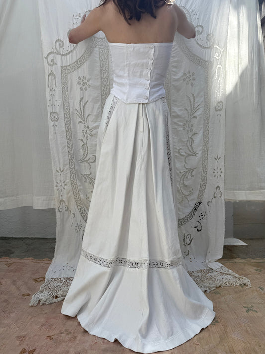Edwardian Cotton Twill Lawn Skirt with Crochet Inlay and Pleated Back Skirt