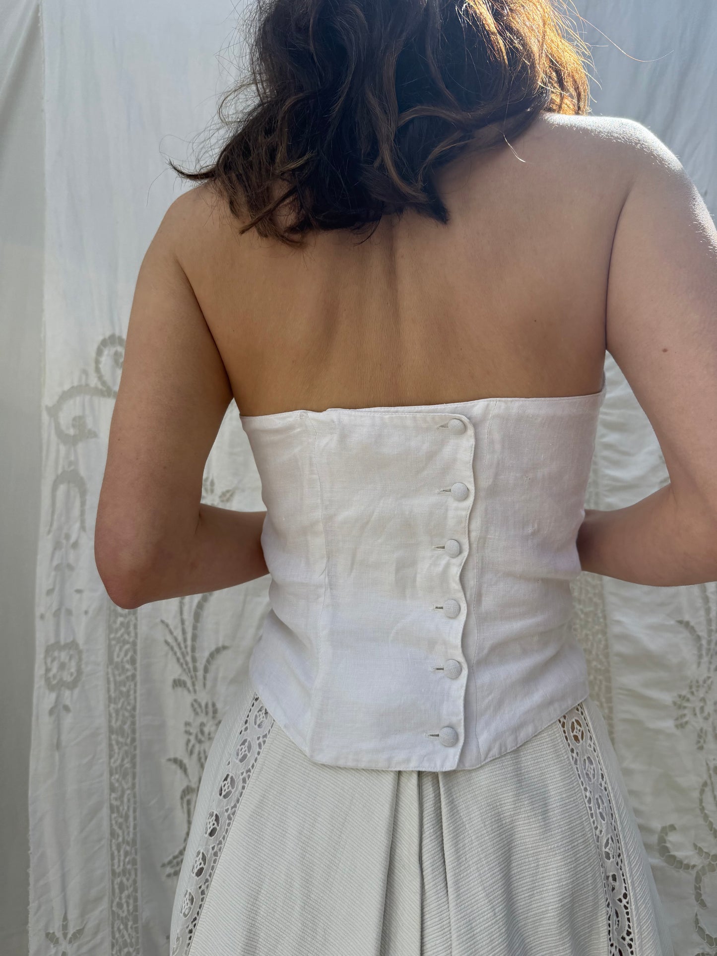 1980s Renato Nucci Paris White Linen Gathered Button Front Bustier