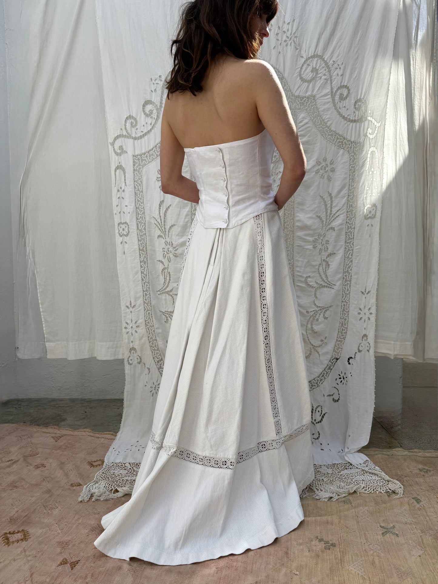 1980s Renato Nucci Paris White Linen Gathered Button Front Bustier