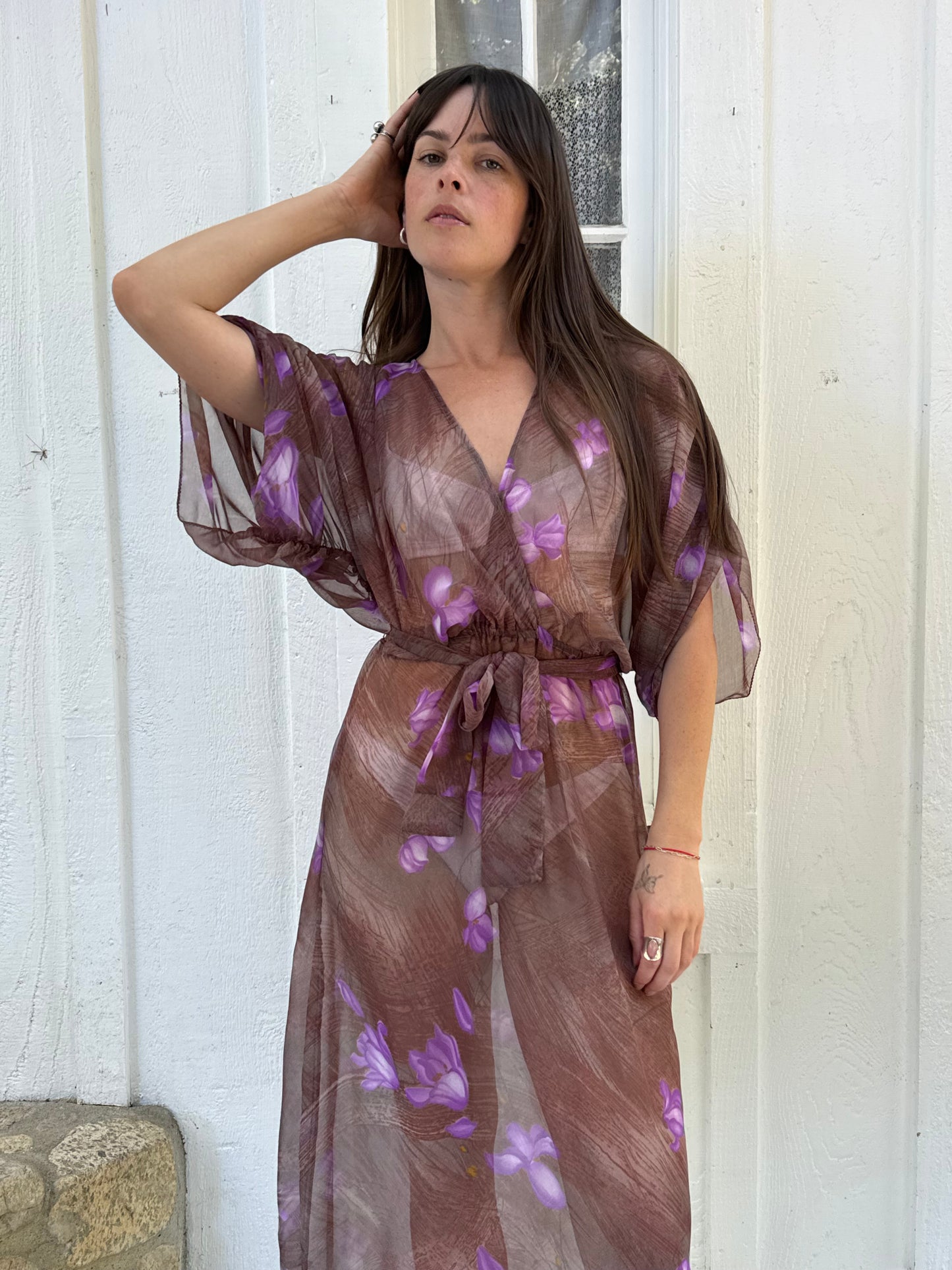 1970s Purple Sheer Floral Batwing Dress
